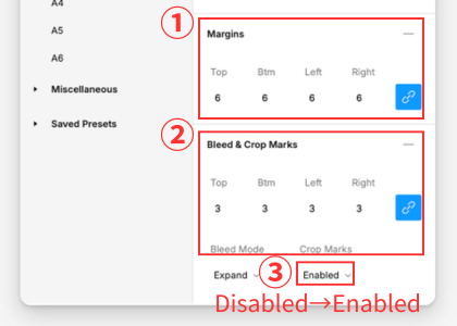 MarginsとBleed & Crop Marksの設定画面